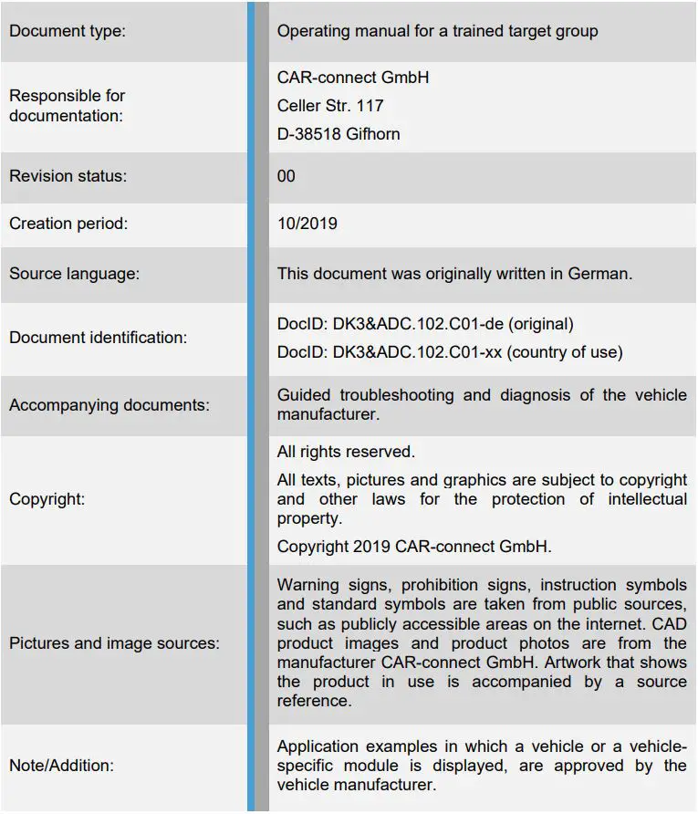 CAR-connect Adapter Cable VAS 6558A 39-1 User Manual - Document information