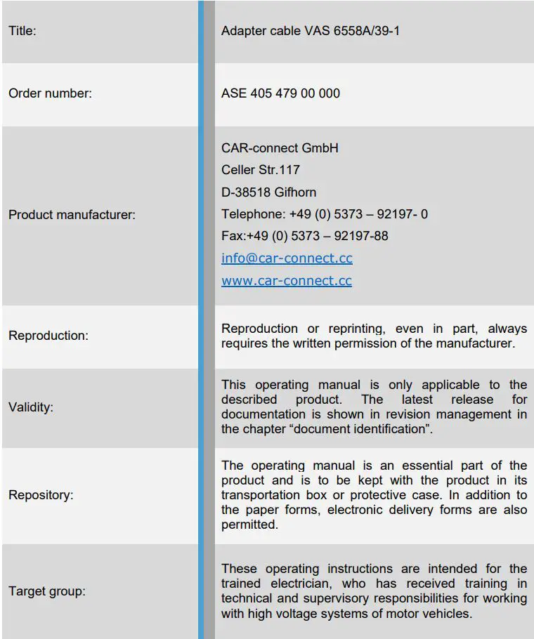 CAR-connect Adapter Cable VAS 6558A 39-1 User Manual - Imprint