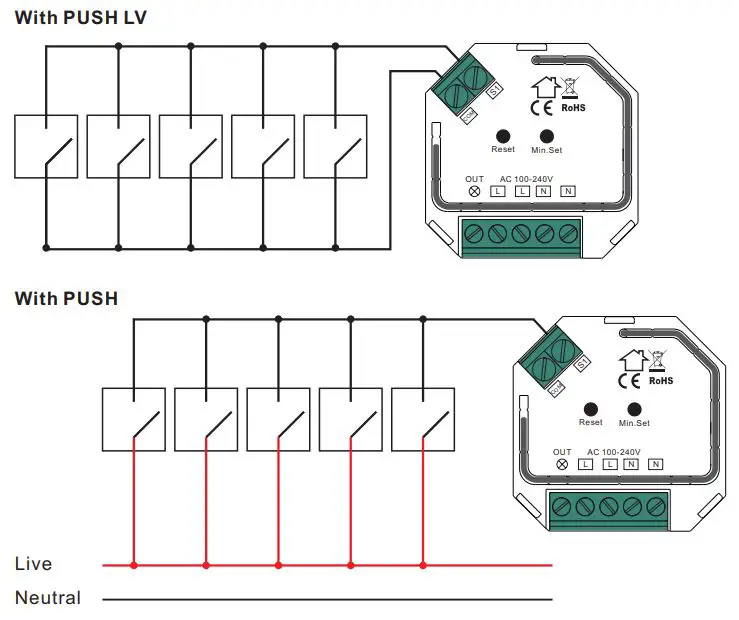 ZigBee SR-ZG9040A-S Micro Smart Dimmer Instructions - Multiple Momentary or Push Switches Connection