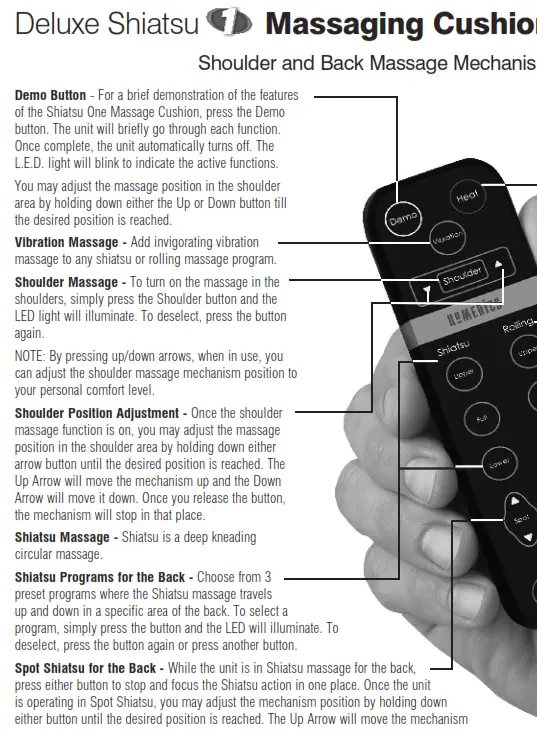 Homedics MCS-600H Deluxe Shiatsu Massaging Cushion Shoulder and Back Massage Mechanisms Instruction - Deluxe Shiatsu