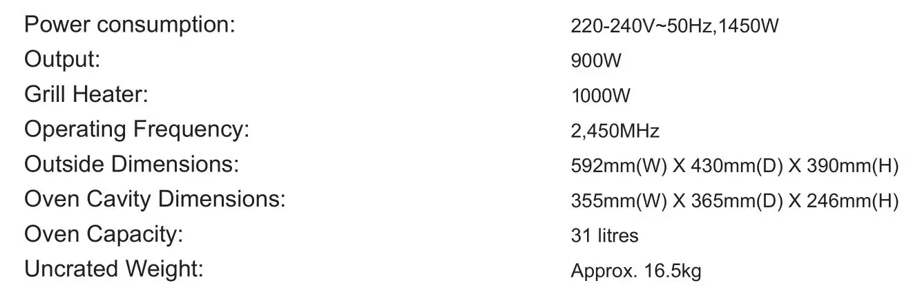ARTUSI AMO31TK 31L Built-In Microwave Oven - SPECIFICATIONS