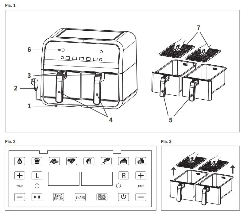 delimano AFT08003 Air Fryer Dual Basket User Manual - Pic 1,2