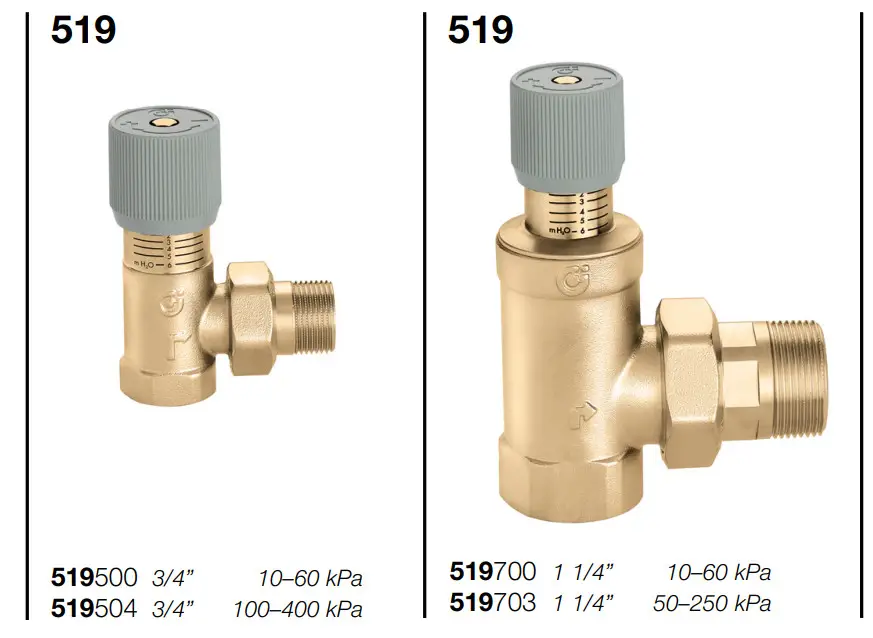 CALEFFI 519 Series Differential By-Pass Valve - Product range