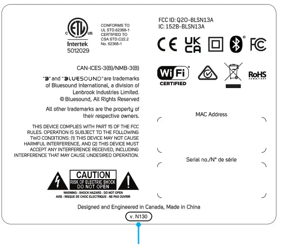 BLUESOUND NODE Wireless Multi-Room Hi-Res Music Streamer - Product Label