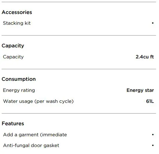 FISHER PAYKEL WH2424F1 Front Load Washer 2.4 cu ft Time Saver User Guide - SPECIFICATIONS