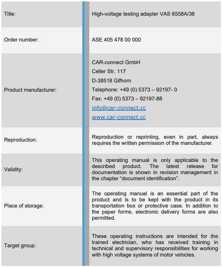 CAR-connect High-Voltage Testing Adapter VAS 6558A 38 User Manual - Imprint