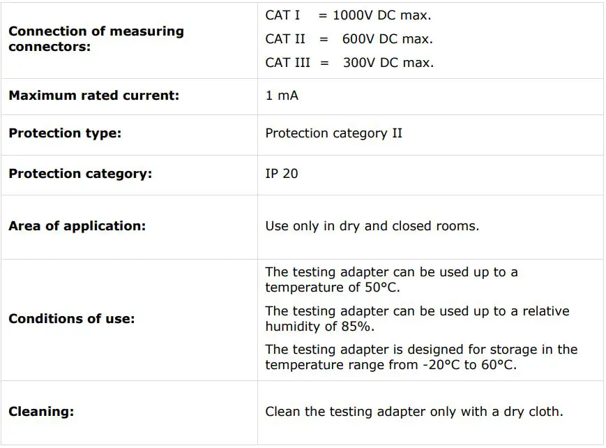 CAR-connect High-Voltage Testing Adapter VAS 6558A 38 User Manual - Technical specifications