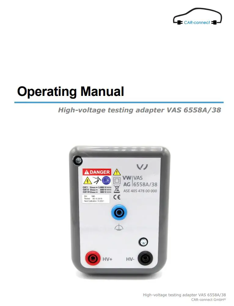 CAR-connect High-Voltage Testing Adapter VAS 6558A 38 User Manual