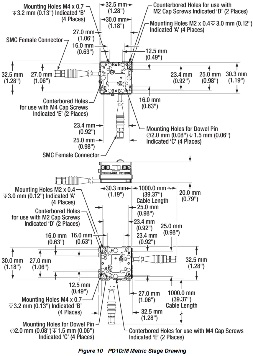 THORLABS PD1D Piezo Inertia Drive Monolithic Stage - Mechanical Drawings 1