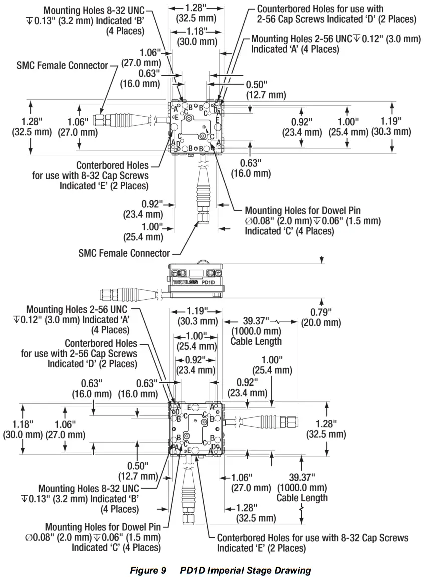 THORLABS PD1D Piezo Inertia Drive Monolithic Stage - Mechanical Drawings