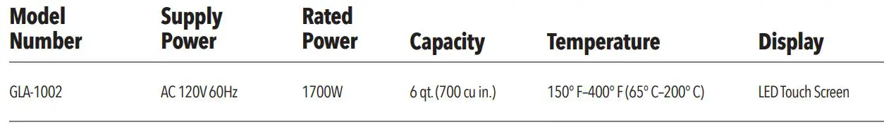 PowerXL GLA-1002 Air Fryer Pro X Owner’s Manual - Unit Specifications