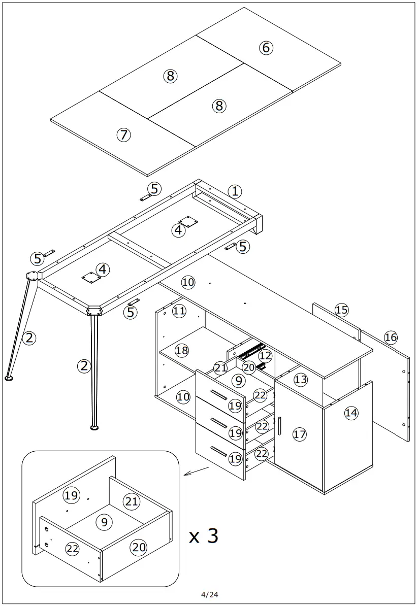 FUFU GAGA KF210153 03 L Shaped Wooden 3 Drawer Desk - Figure 5
