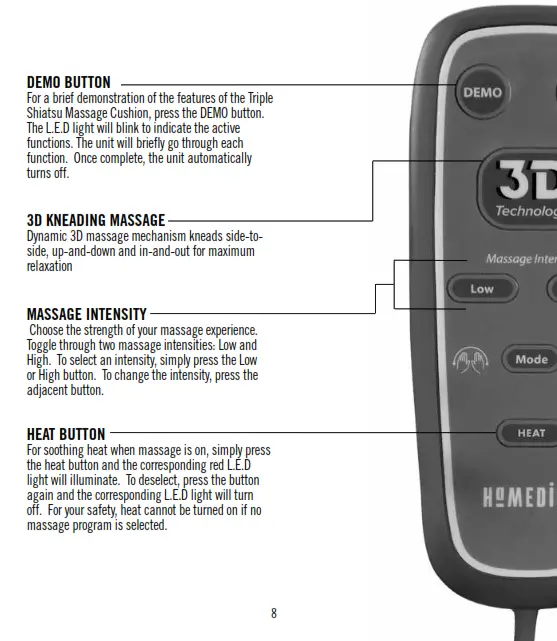 Homedics MCS-615H Triple Shiatsu Pro Instruction - DEMO BUTTON