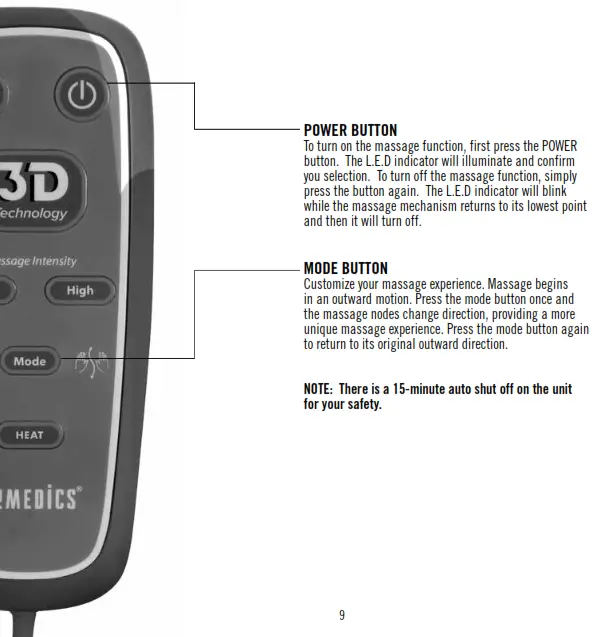 Homedics MCS-615H Triple Shiatsu Pro Instruction - POWER BUTTON