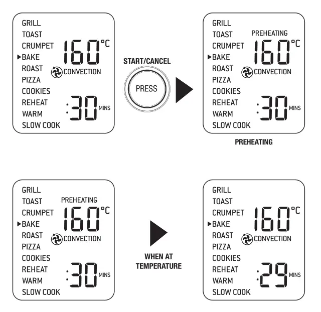 Breville The Smart Oven Pro BOV850 Convection Oven - BAKE FUNCTION START/CANCEL PREHEATING and WHEN AT TEMPERATURE