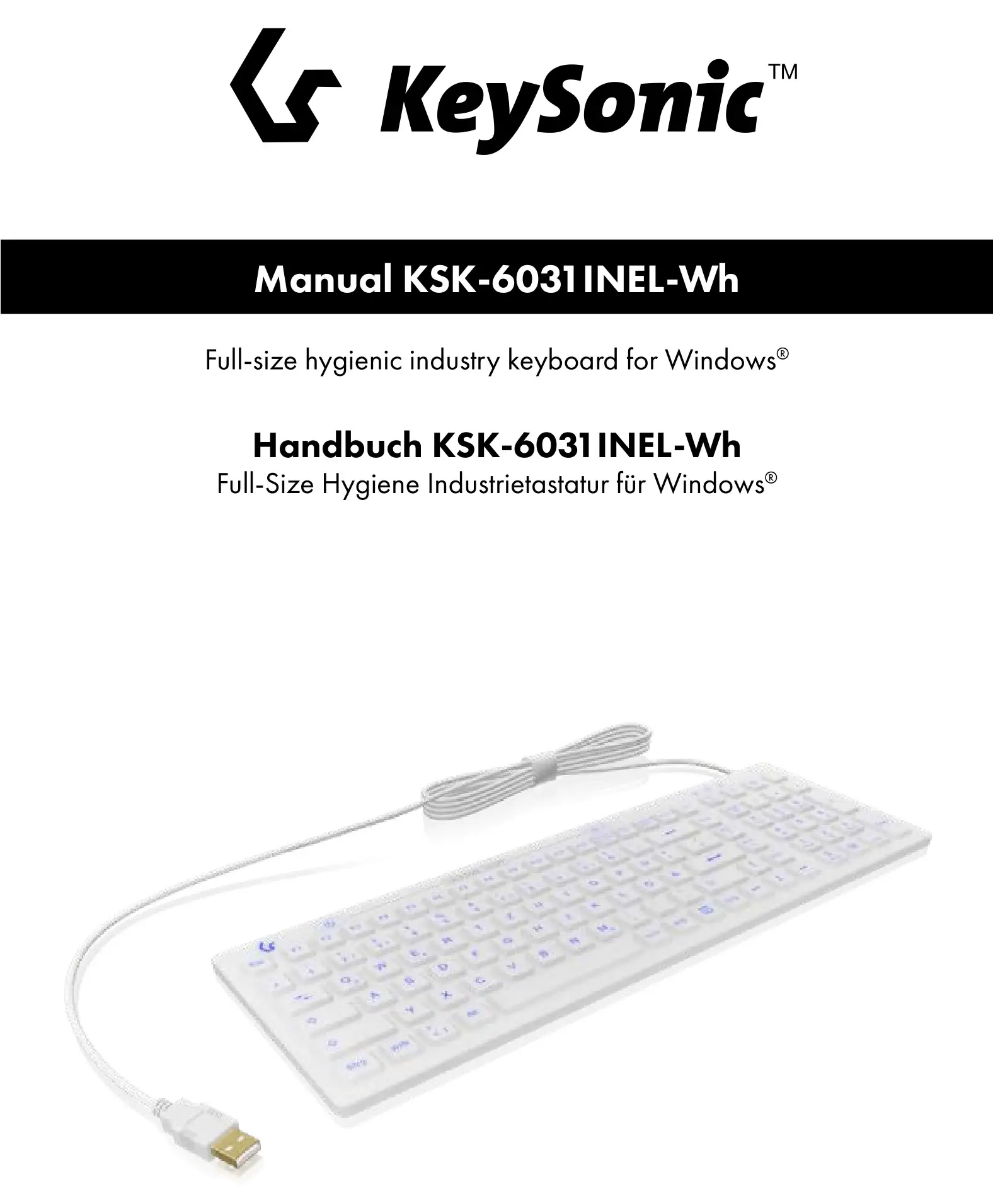 KeySonic KSK-6031INEL-Wh Full-Size Hygienic Industry Keyboard For Windows Instruction Manual