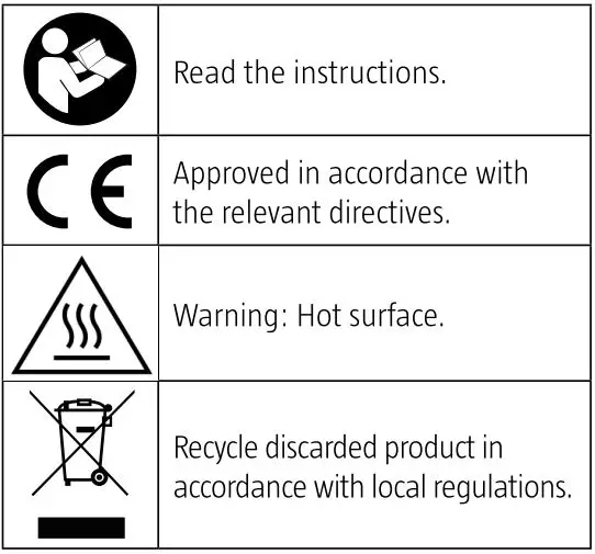 Bright 021323 Keep-Warm Hob Instruction Manual - Symbols