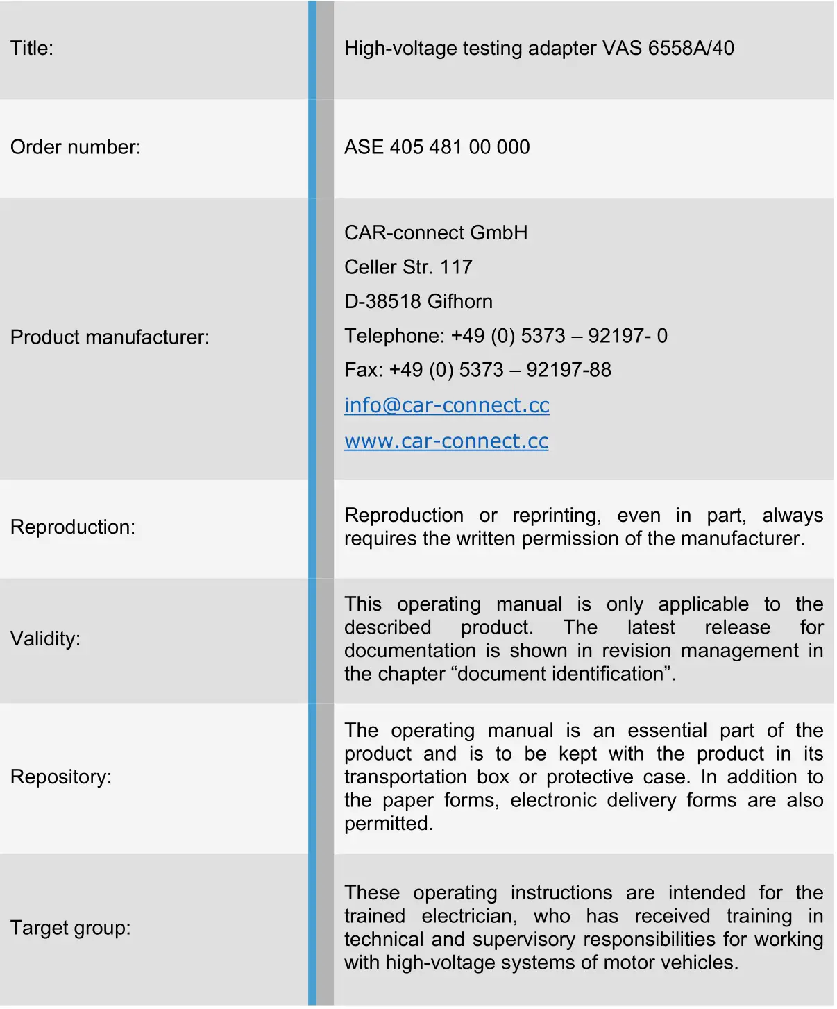CAR-connect High-Voltage Testing Adapter VAS 6558A-40 - Imprint