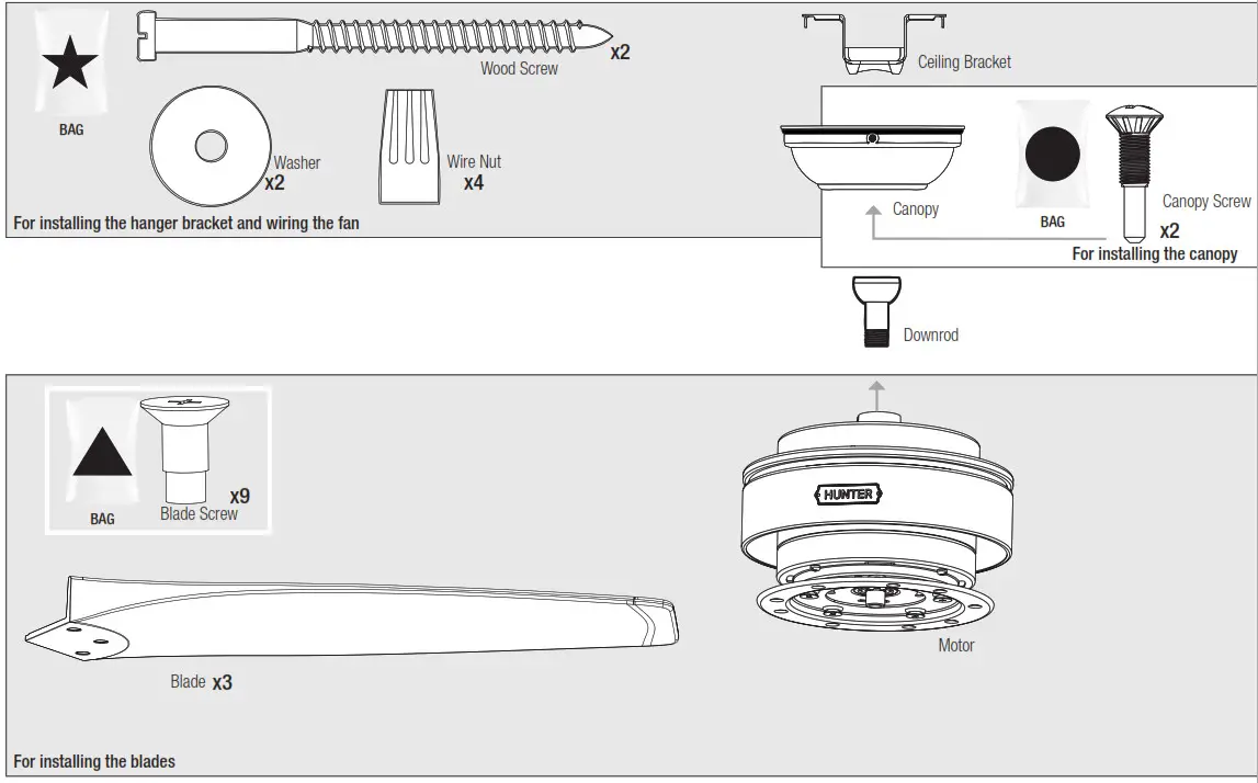 Hunter 51414 Woodfield 52-Inch Indoor Ceiling Fan - Here is what comes in your box