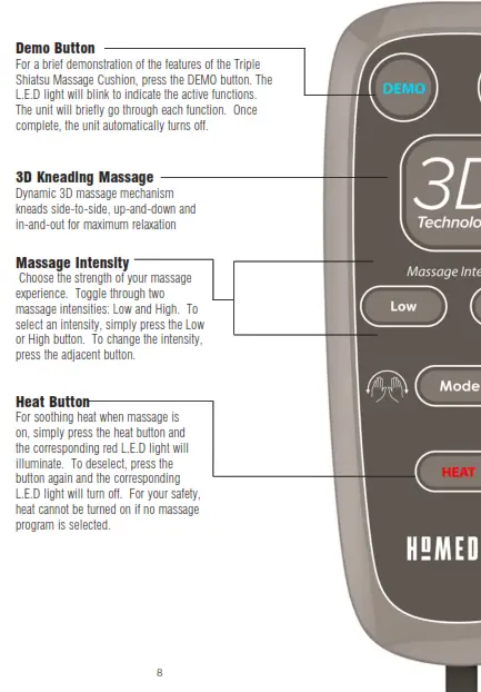 Homedics MCS-610H Triple Shiatsu Massage Cushion with Heat Instruction - Demo Button