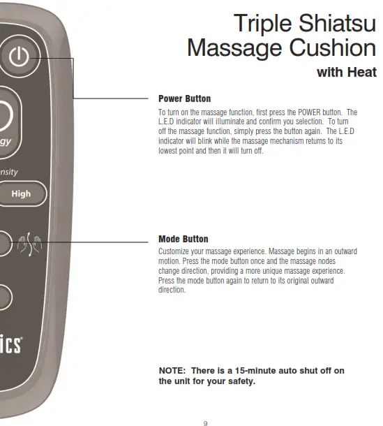 Homedics MCS-610H Triple Shiatsu Massage Cushion with Heat Instruction - Demo Button2