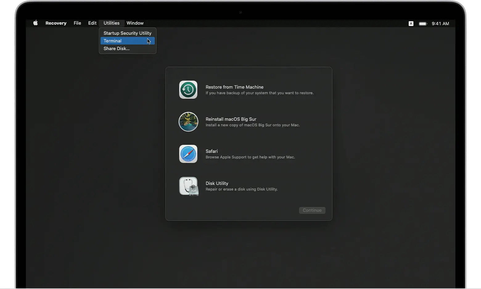 macOS Recovery options with cursor highlighting Terminal in the Utilities menu