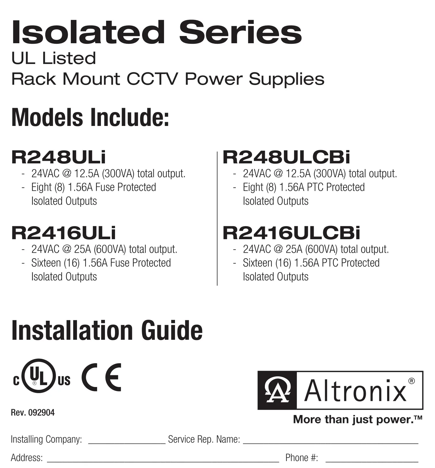 Altronix R248ULi Isolated Rack Mount CCTV Power Supply Installation Guide