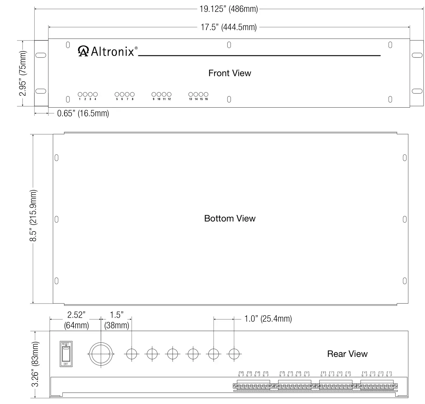 Altronix R248ULi Isolated Rack Mount CCTV Power Supply - Rack Mechanical Drawing and Dimensions