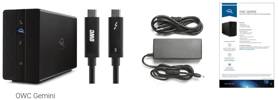OWC GEMINI Thunderbolt Dock and Dual Bay RAID External Storage Enclosure - Package Contents