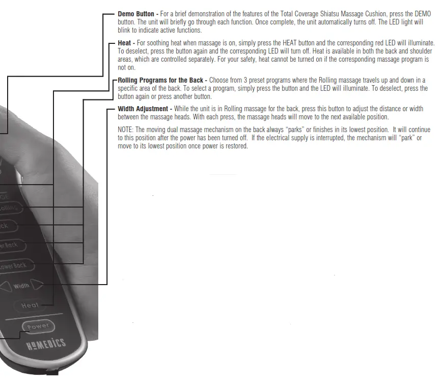 Homedics MCS-700H Total Coverage Shiatsu Massage Cushion Instruction - Demo Button