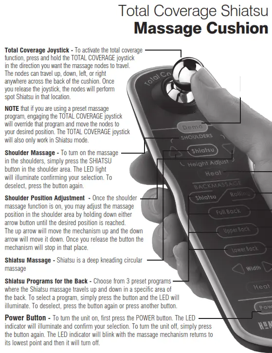 Homedics MCS-700H Total Coverage Shiatsu Massage Cushion Instruction - Total Coverage Joystick