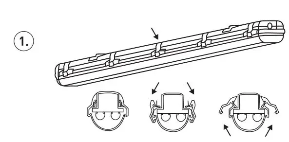 luceco ECT6W8S40-01 LED Eco Climate T8 Tube Instruction Manual - Fix plastic retainer clips to bottom fitting housing