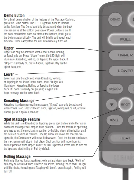 Homedics MCS-750H Quad Shiatsu Massage Cushion with Heat Instruction - Demo Button