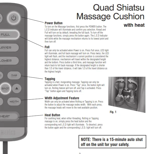 Homedics MCS-750H Quad Shiatsu Massage Cushion with Heat Instruction - Power Button