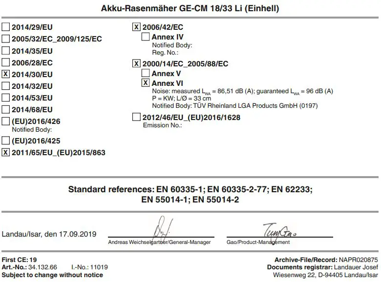 Einhell Cordless Lawn Mower Instructions - CE CM 18-33