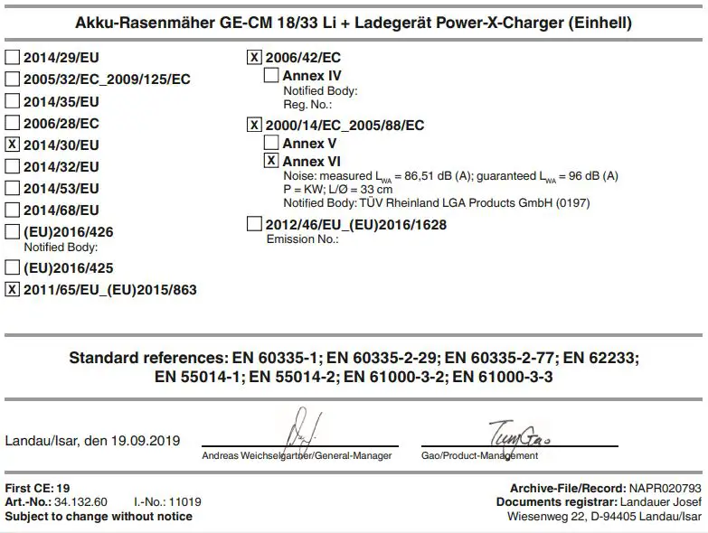 Einhell Cordless Lawn Mower Instructions - CE CM