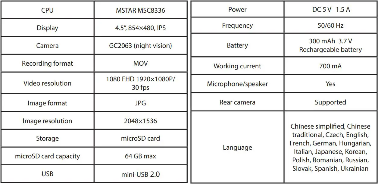 NAVITEL MR150 NV Digital Video Recorder User Manual - Specifications