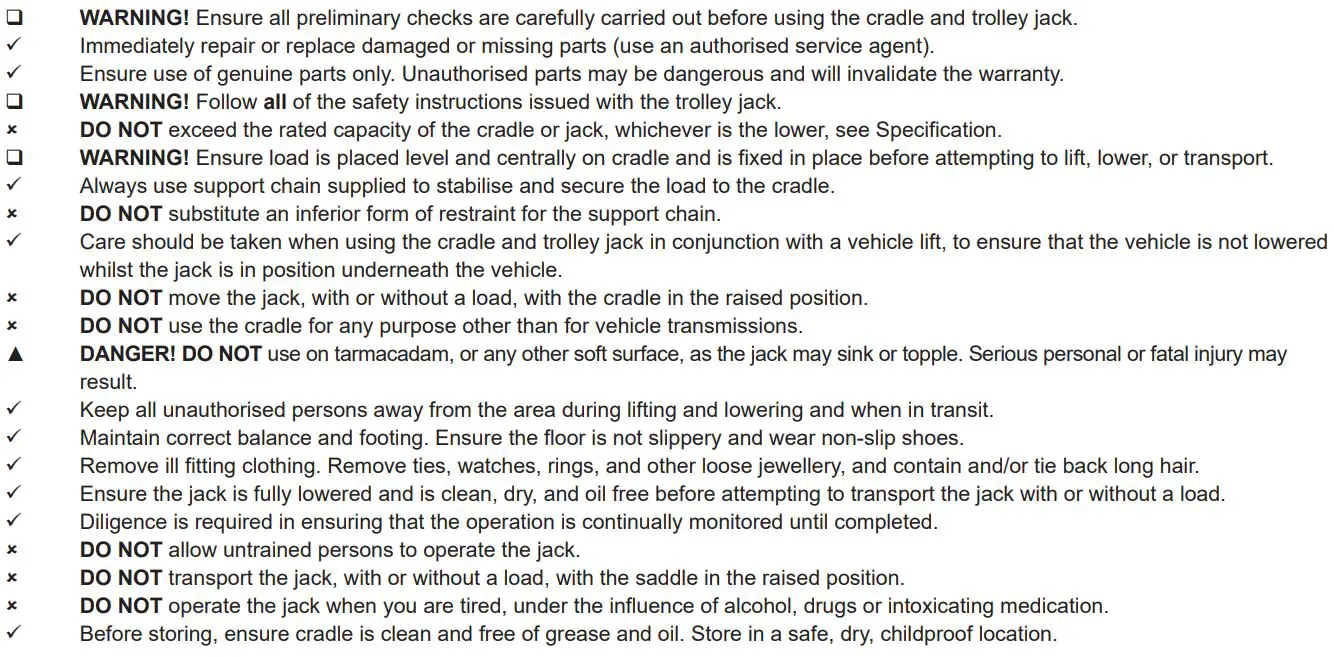 SEALEY ADT200 200KG Transmission Cradle Instruction Manual - SAFETY