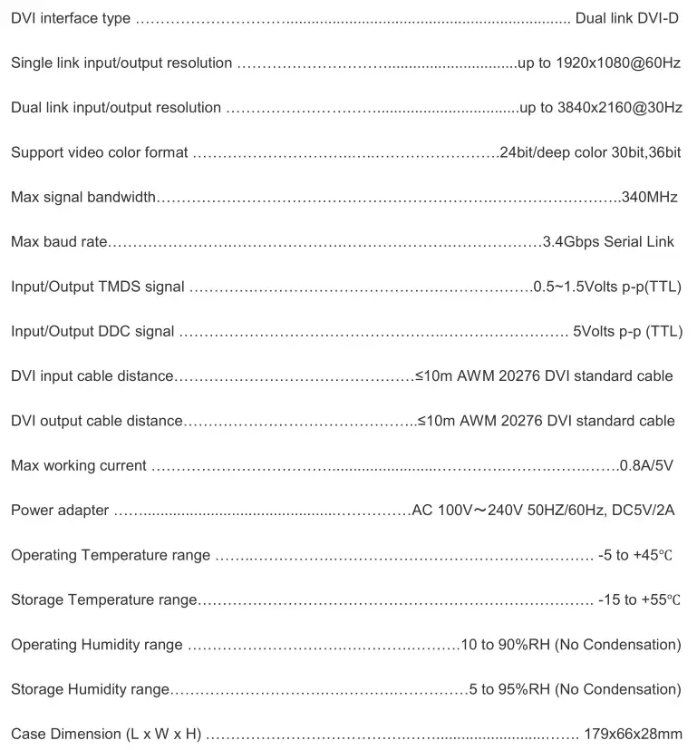 DVI SPLITTER Dual Link Video Splitter - SPECIFICATIONS