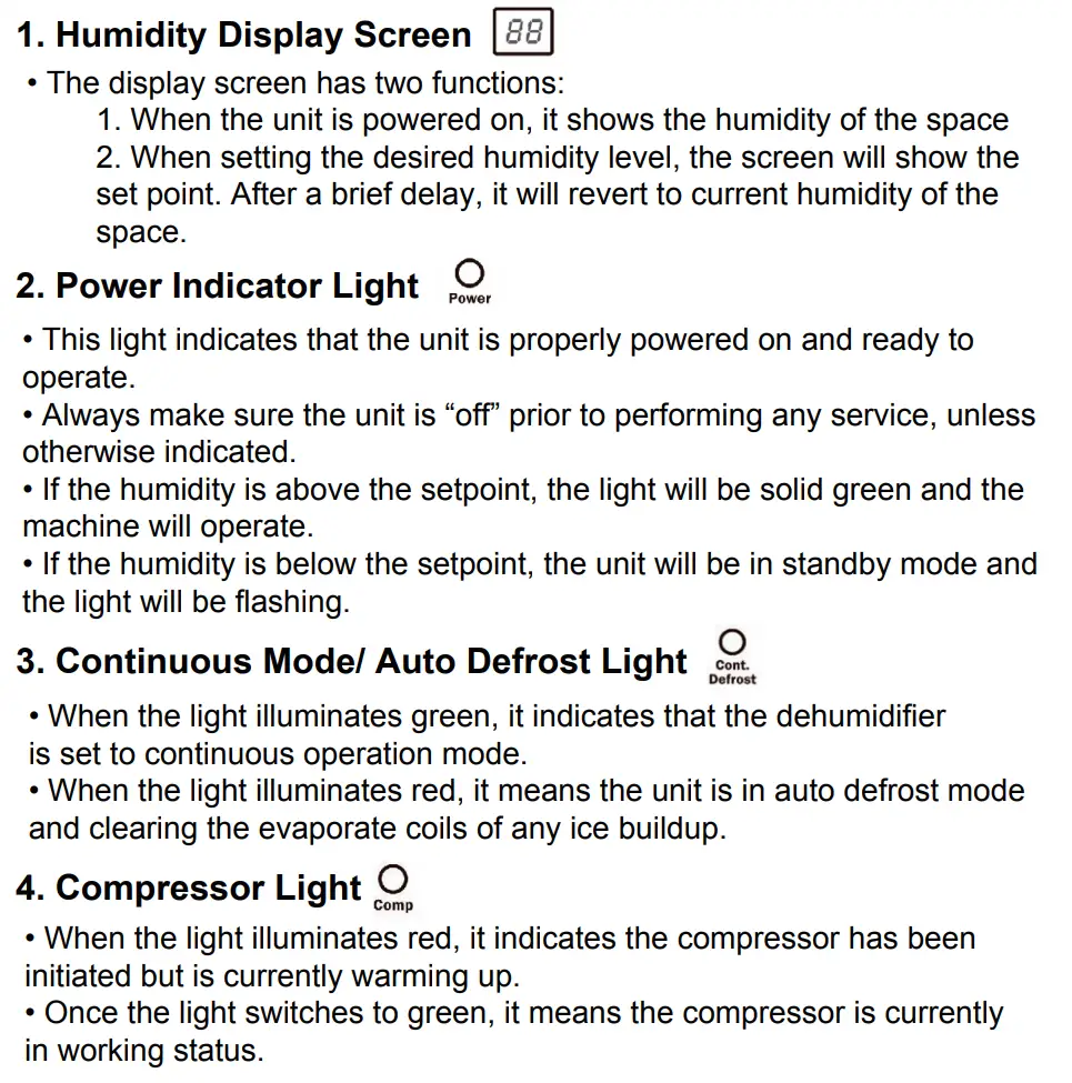 SEAIRA Global WatchDog 550 Dehumidifier Instruction Manual - Indicator Lights