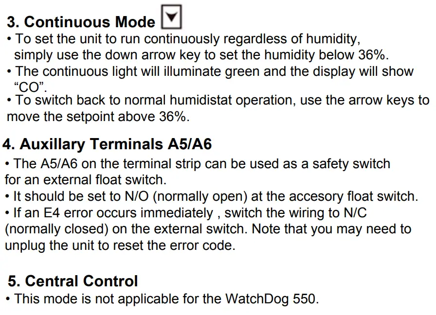 SEAIRA Global WatchDog 550 Dehumidifier Instruction Manual - Key Functions