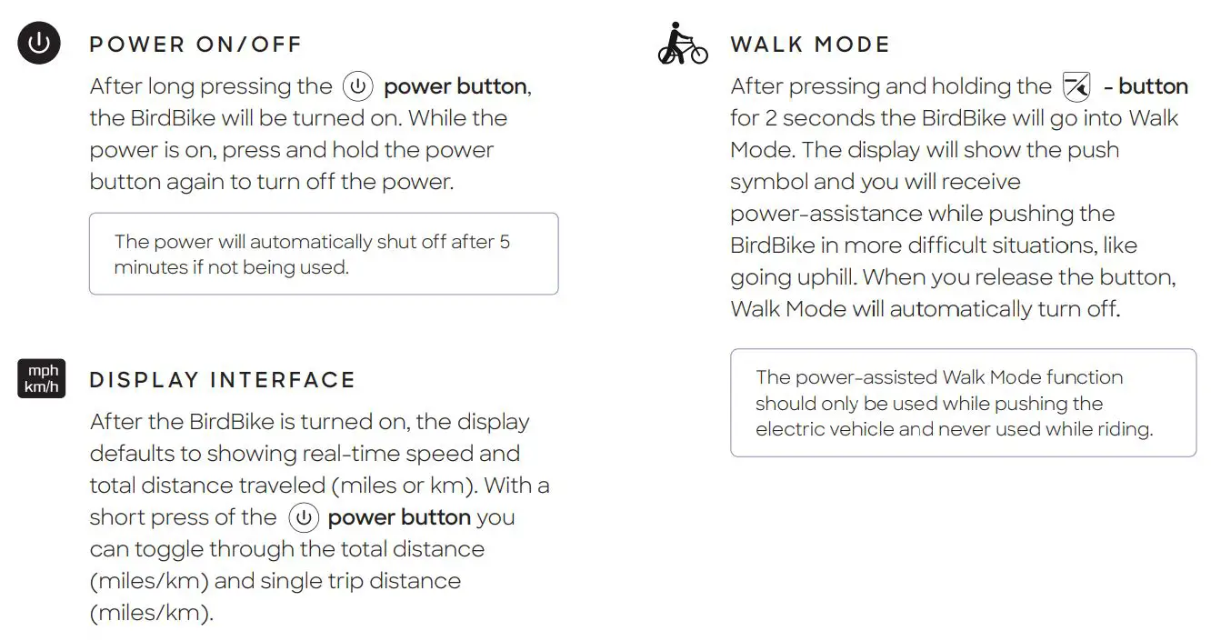 BirdBike RSBRS02A Power Assisted Electric Bike User Manual - Operating Options