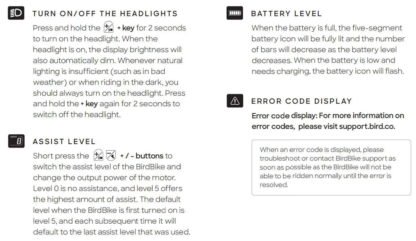 BirdBike RSBRS02A Power Assisted Electric Bike User Manual - Operating Options