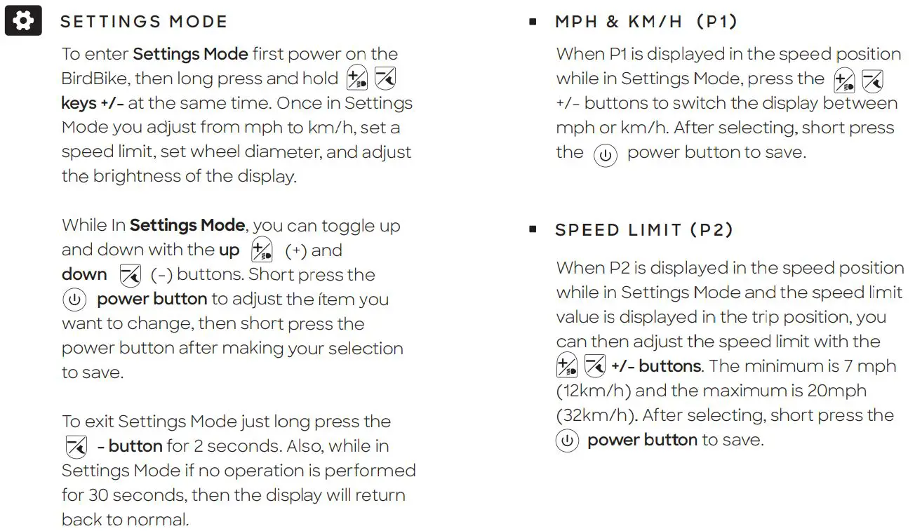 BirdBike RSBRS02A Power Assisted Electric Bike User Manual - Operating Options