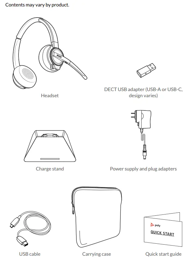 poly Savi 8210 UC Wireless DECT Headset System for Computer - What's in the box