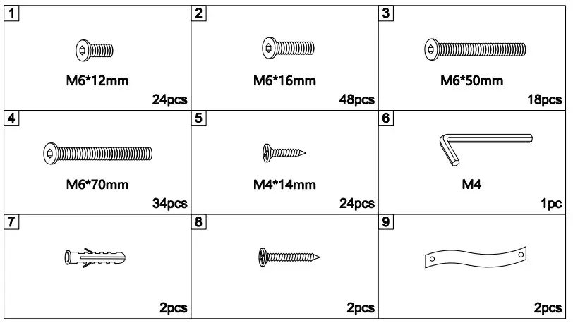 ANBAZAR WF198050 Metal Twin Size Triple Bunk Bed Kids Twin Triple Beds Frame - Hardware list