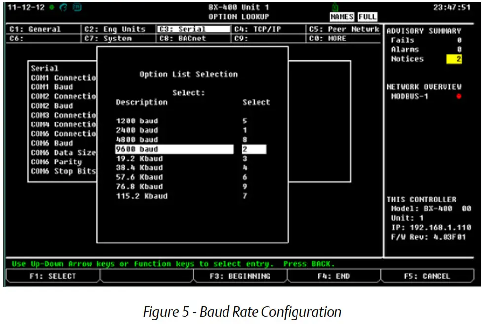 EMERSON E2 Setup with RTD Net Interface MODBUS Device for 527 0447 - Baud Rate