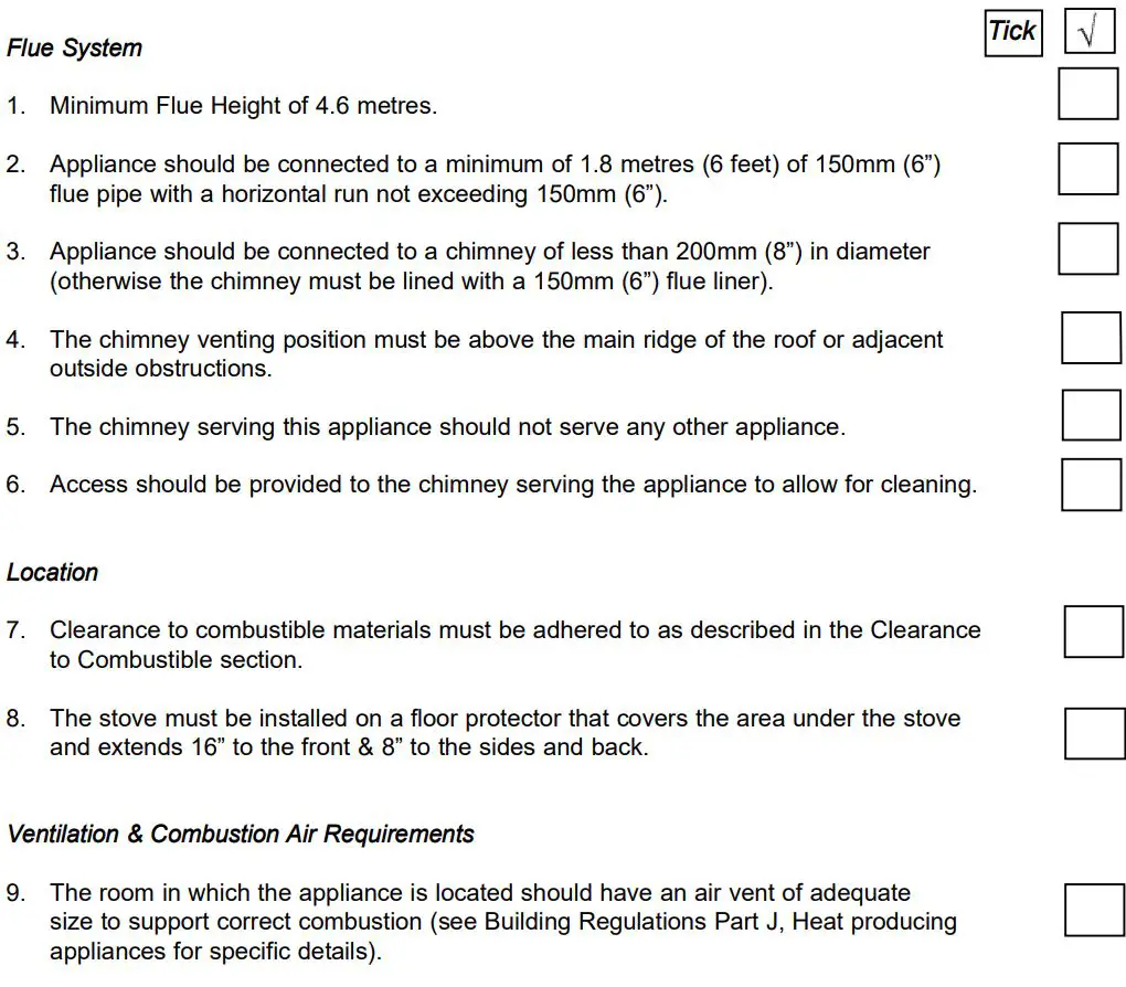 Bilberry Non Boiler Eco Stoves Instruction Manual - INSTALLATION CHECK LIST