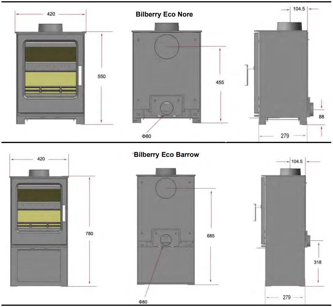Bilberry Non Boiler Eco Stoves Instruction Manual - STOVE DIMENSIONS