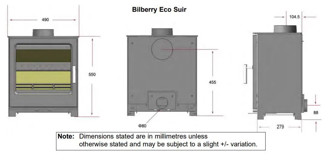 Bilberry Non Boiler Eco Stoves Instruction Manual - STOVE DIMENSIONS